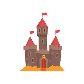 Medieval castle with flanking towers, wooden gate and flags on conical roof. Fairy tale building. Historical architecture. Flat vector design for book cover, postcard or mobile app