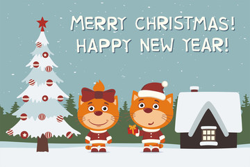 Merry Christmas and Happy New Year! Greeting card: two kitten cat, boy and girl, with gift near Christmas tree.