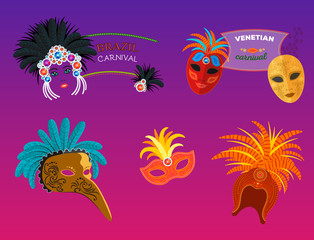 Carnival Italy and Brazil masks celebration festive carnaval masquerade background festival vector illustration.