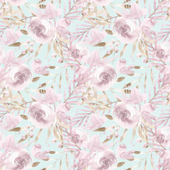Pale pink roses and peonies with gray leaves on blue background. Seamless pattern. Romantic garden flowers illustration. Faded colors.
