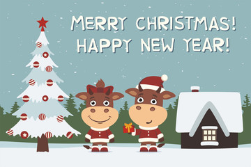 Merry Christmas and Happy New Year! Greeting card: cow and bull, boy and girl, with gift near Christmas tree.