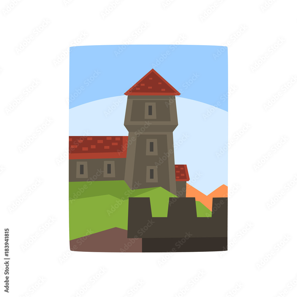 Poster summer landscape with fairytale kingdom. cartoon medieval castle, blue sky behind it. architecture b