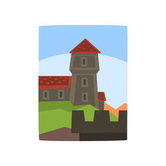 Summer landscape with fairytale kingdom. Cartoon medieval castle, blue sky behind it. Architecture building. Flat vector for children s book, mobile app, invitation