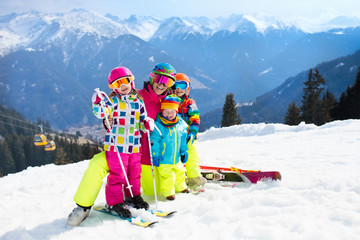 Family ski vacation. Winter snow sport for kids. - obrazy, fototapety, plakaty