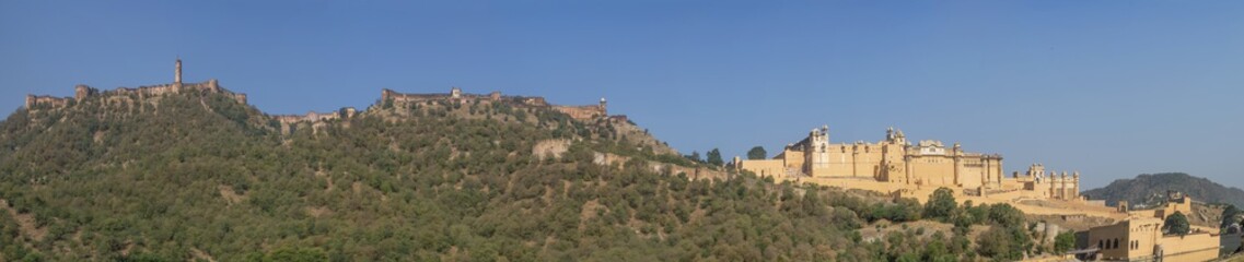 Fototapeta na wymiar Panoramic view of the Amber and Jaigarh Fort and surroundings, Amer, Rajasthan, India