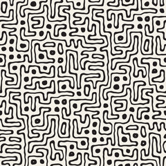 Vector Seamless Black And White Rounded Irregular Maze Pattern. Abstract Hand Drawn Background