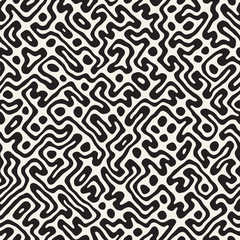 Vector Seamless Black And White Rounded Irregular Maze Pattern. Abstract Hand Drawn Background