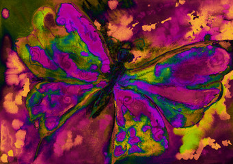 Psychedelic pink and green butterfly with orange and yellow. The dabbing technique gives a soft focus effect due to the altered surface roughness of the paper.