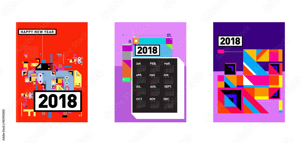 Poster calendar_desiset of wall calendar 2018 template design with colorfull background patterngn_set