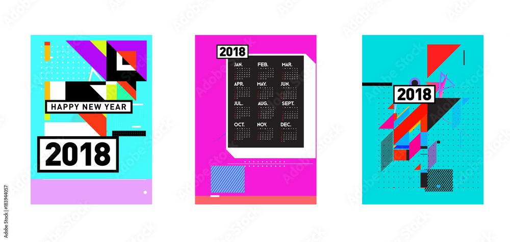 Poster calendar_desiset of wall calendar 2018 template design with colorfull background patterngn_set