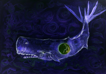 Jonah and the whale in curly dark water. The dabbing technique gives a soft focus effect due to the altered surface roughness of the paper.