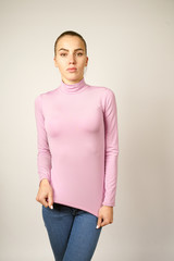 girl in a pink sweater