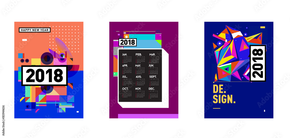 Poster calendar_desiset of wall calendar 2018 template design with colorfull background patterngn_set