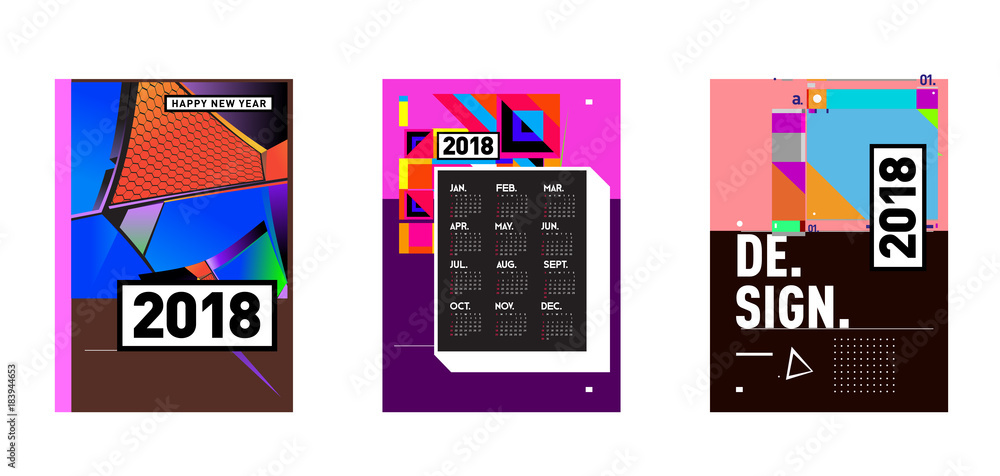 Poster calendar_desiset of wall calendar 2018 template design with colorfull background patterngn_set