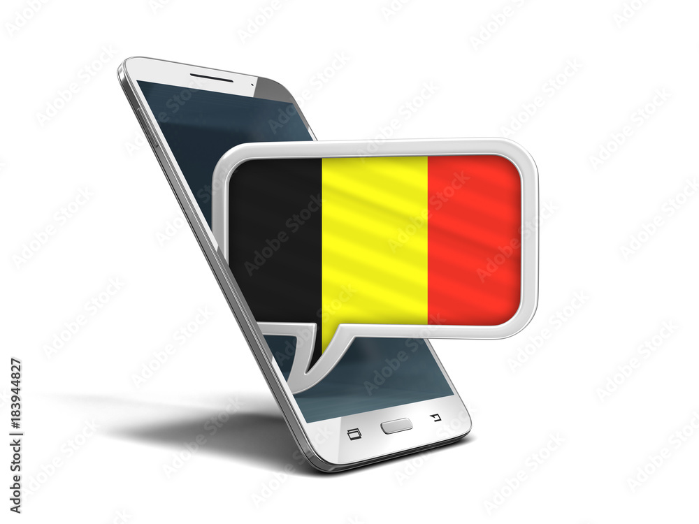 Poster touchscreen smartphone and speech bubble with belgian flag. image with clipping path