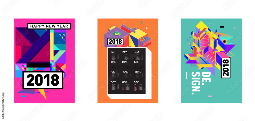 Poster calendar_desiset of wall calendar 2018 template design with colorfull background patterngn_set
