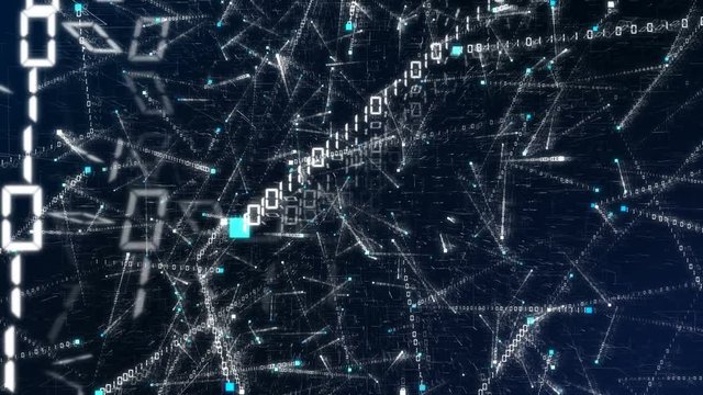 Digital background of random flying binary code. Abstract 3D rendering of a scientific technology data network connectivity, complexity and data flood of modern digital age. Futuristic