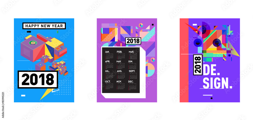 Poster calendar_desiset of wall calendar 2018 template design with colorfull background patterngn_set