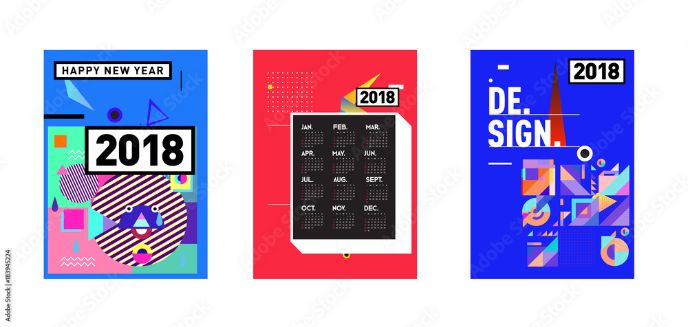 Poster calendar_desiset of wall calendar 2018 template design with colorfull background patterngn_set