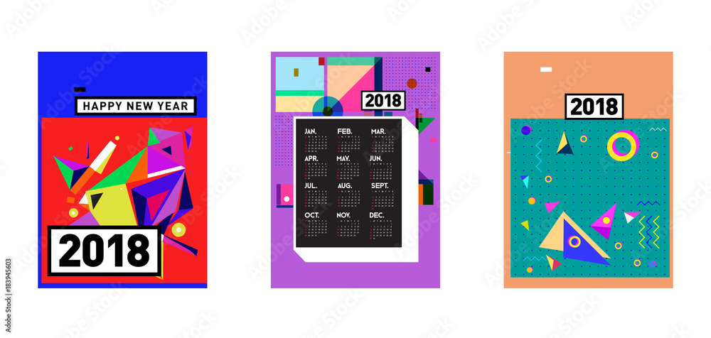 Poster calendar_desiset of wall calendar 2018 template design with colorfull background patterngn_set
