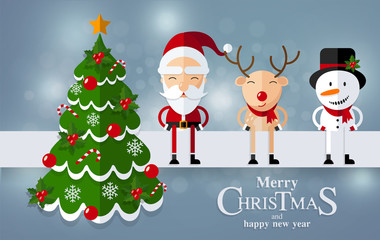 Christmas Santa Claus , reindeer and snowmen background in flat style.