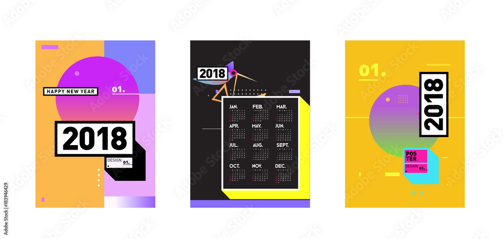 Poster calendar_desiset of wall calendar 2018 template design with colorfull background patterngn_set