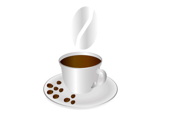 A cup of coffee and coffee beans on a saucer. Vector illustration on a white background.