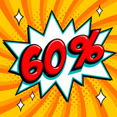60 eighty percent off sale banner. Red number on bang shape and orange swirling background. Big sale web banner in Pop-art style. Comic style sale promotion banner.