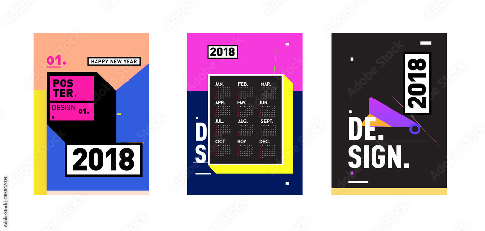 Poster calendar_desiset of wall calendar 2018 template design with colorfull background patterngn_set