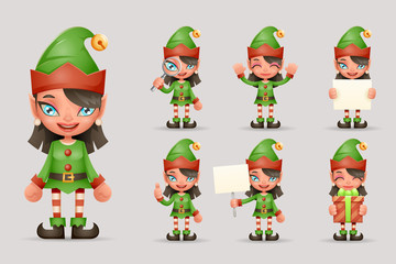 Girl Cute Elf Christmas Santa Teen Icons New Year Holiday 3d Cartoon Characters Realistic Icons Set Design Vector Illustration