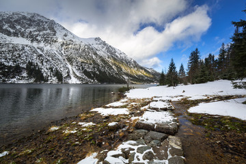 Beautiful winter at Eye of the Sea lake in Tatra mountains, Poland