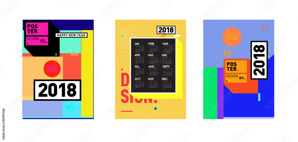 Poster calendar_desiset of wall calendar 2018 template design with colorfull background patterngn_set