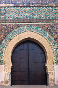 Bab Mansour Gate at El Hedime square, decorated with mosaic ceramic tiles, in Meknes, Morocco, Africa