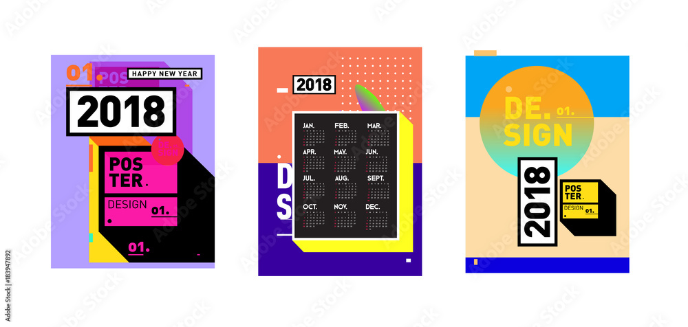 Poster calendar_desiset of wall calendar 2018 template design with colorfull background patterngn_set