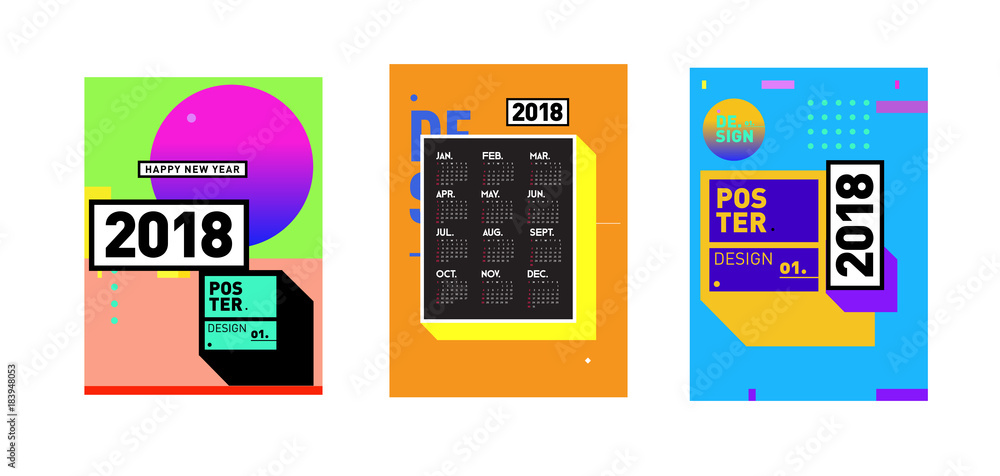 Poster calendar_desiset of wall calendar 2018 template design with colorfull background patterngn_set