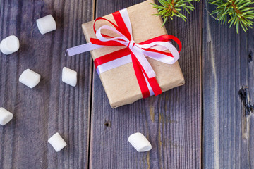 Christmas composition New Year gifts marshmallow fir tree pine