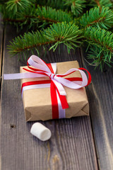 Christmas composition New Year gifts marshmallow fir tree pine