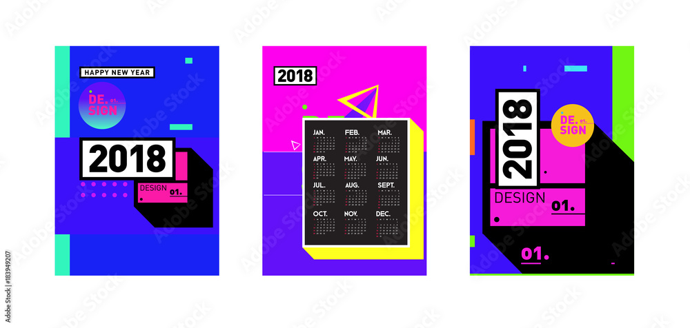 Poster calendar_desiset of wall calendar 2018 template design with colorfull background patterngn_set