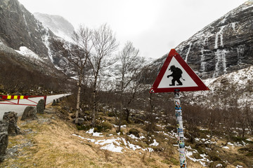 Funny troll warning sign at the road to Trollstigen, Norway - obrazy, fototapety, plakaty