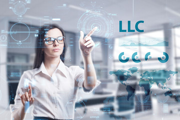 The concept of business, technology, the Internet and the network. A young entrepreneur working on a virtual screen of the future and sees the inscription: LLC