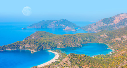 Oludeniz lagoon in sea landscape view of beach, Turkey