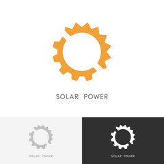 Solar power logo - sun and gear wheel or pinion symbol. Alternative energy source, industry and ecology vector icon.