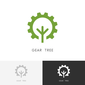 Gear wheel and tree logo - green plant and pinion symbol. Ecology, nature and industry vector icon.