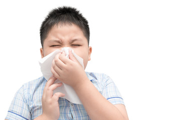 Obese boy got nose allergy, flu sneezing nose isolated