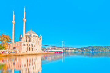 Fototapeta na wymiar Ortakoy mosque and Bosphorus bridge, Istanbul, Turkey