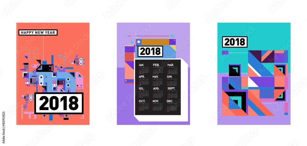 Poster calendar_desiset of wall calendar 2018 template design with colorfull background patterngn_set