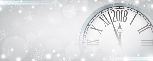 Vector 2018 Happy New Year with retro clock on gray snowflakes background, for your copy space.