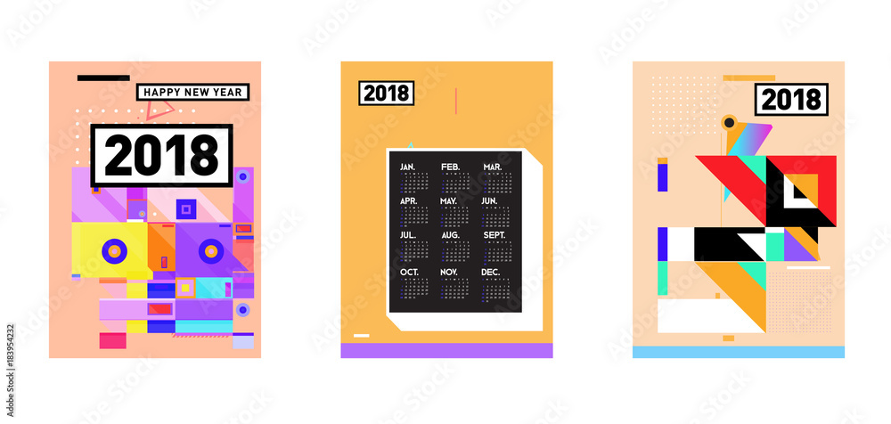 Poster calendar_desiset of wall calendar 2018 template design with colorfull background patterngn_set