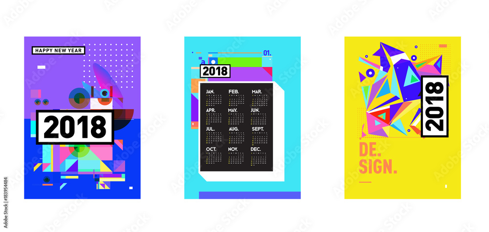 Poster calendar_desiset of wall calendar 2018 template design with colorfull background patterngn_set