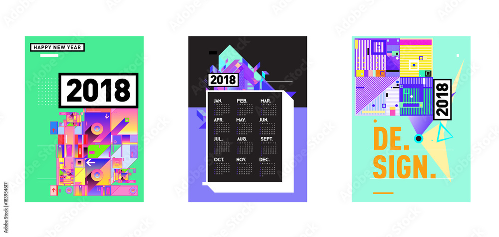 Poster calendar_desiset of wall calendar 2018 template design with colorfull background patterngn_set